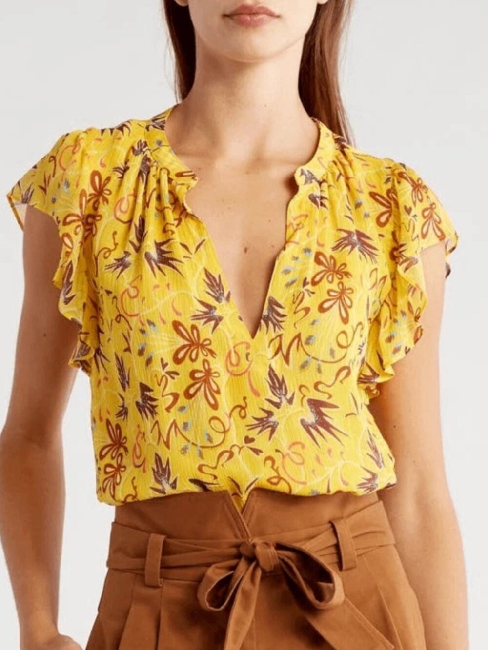 NWT A.L.C. Birds of Paradise Silk Yellow Top Blouse Floral Flutter Sleeve Size 6